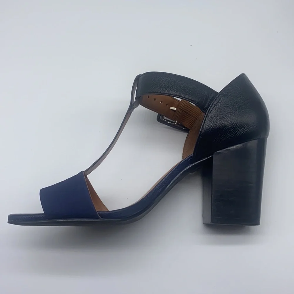 True Soul - Blue Suede And Black and Silver Leather Open Toe Heels Size 7